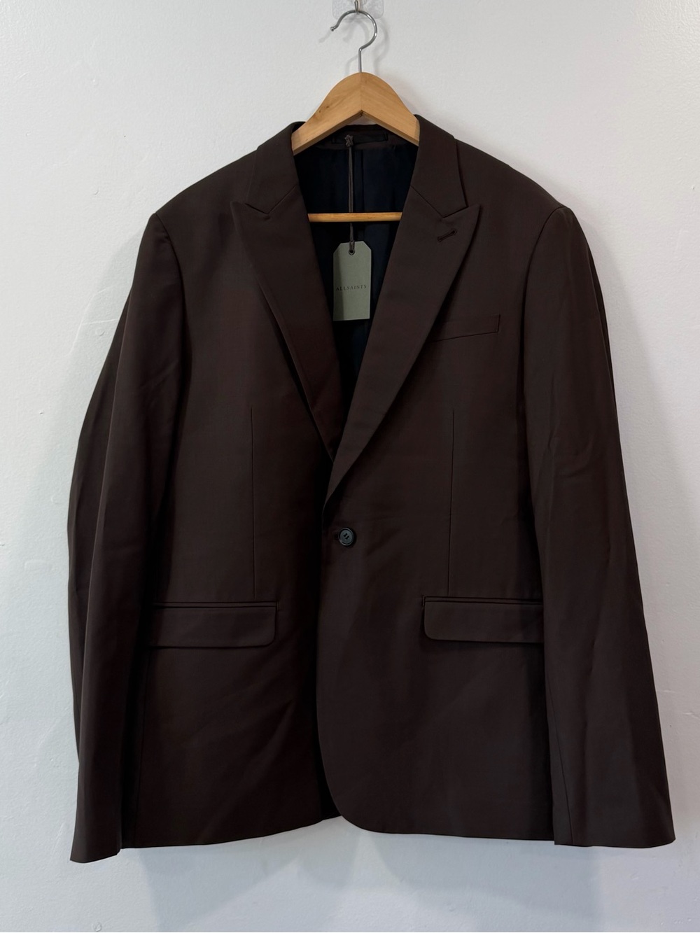 All Saints Men’s Brown Cine Blazer Wool Blend Single Breasted Peak Lapel